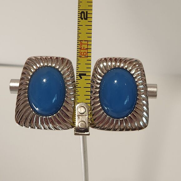 Trifari Clip On Earrings Silver Tone & Blue Chalcedony Cabochon Vintage - Picture 5 of 5